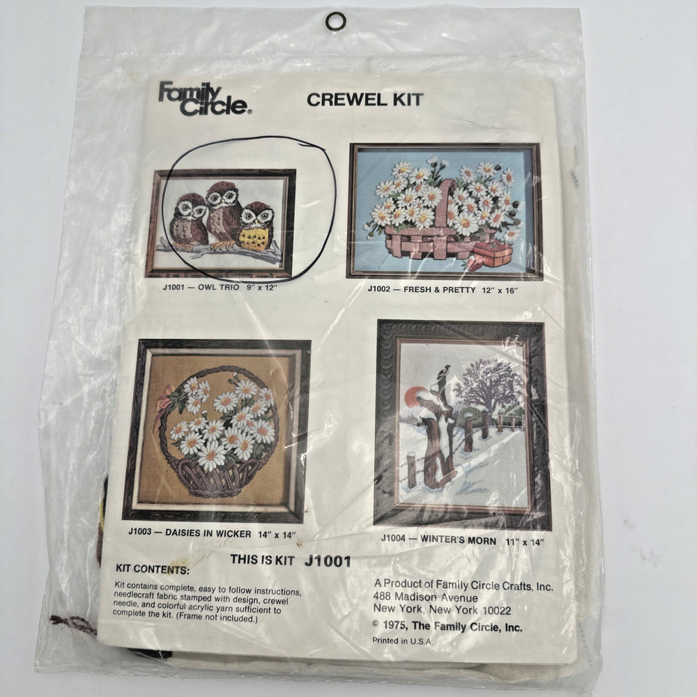 Vintage FAMILY CIRCLE Crewel Kit J1001 Owl Trio 1975 USA Sealed Package